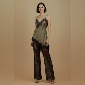 A255. Olive Asymmetrical Lace Trim Slip Dress & Lace Pants Set